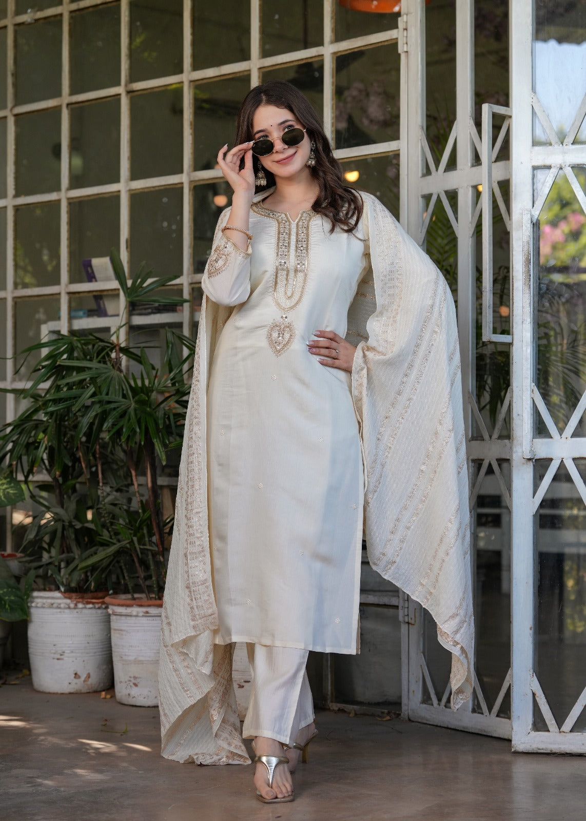 White Ready To Wear Salwar Kameez Indian Dress Suit Set