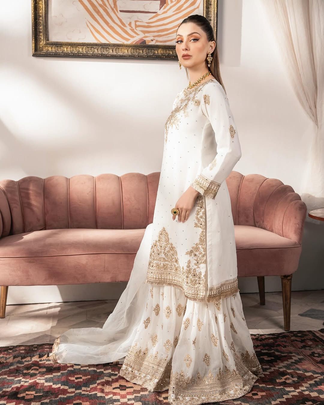 White pakistani salwar kameez set Readymade dress