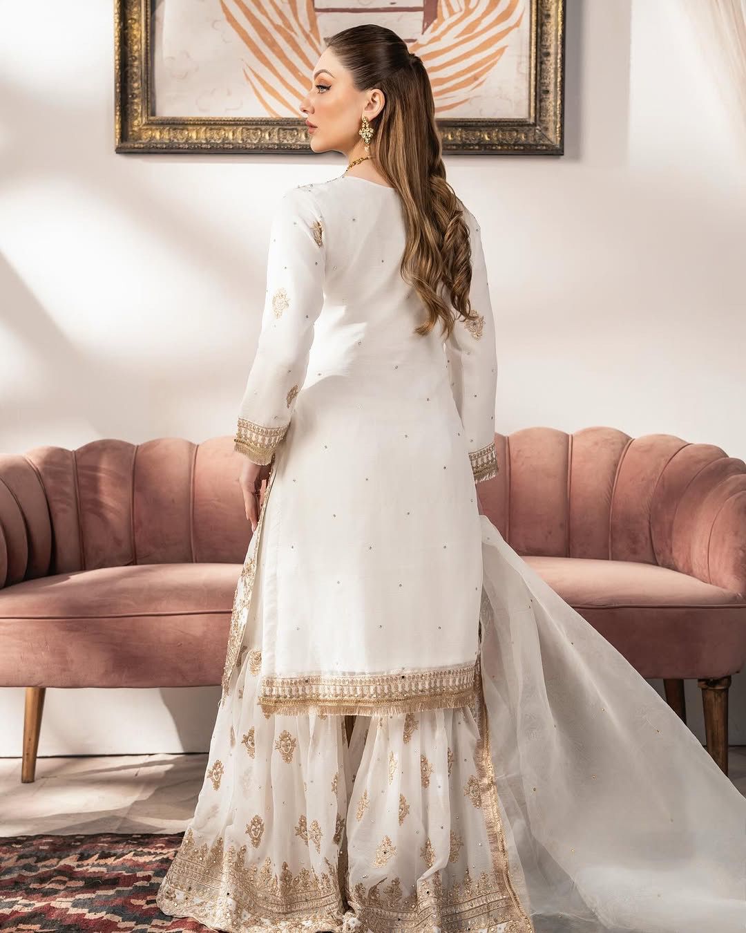 White pakistani salwar kameez set Readymade dress