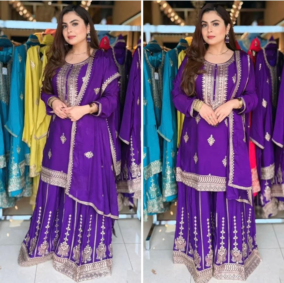 Purple Sharara Suit set Salwar Kameez Readymade New Indian Ready To Wear Wedding Suit