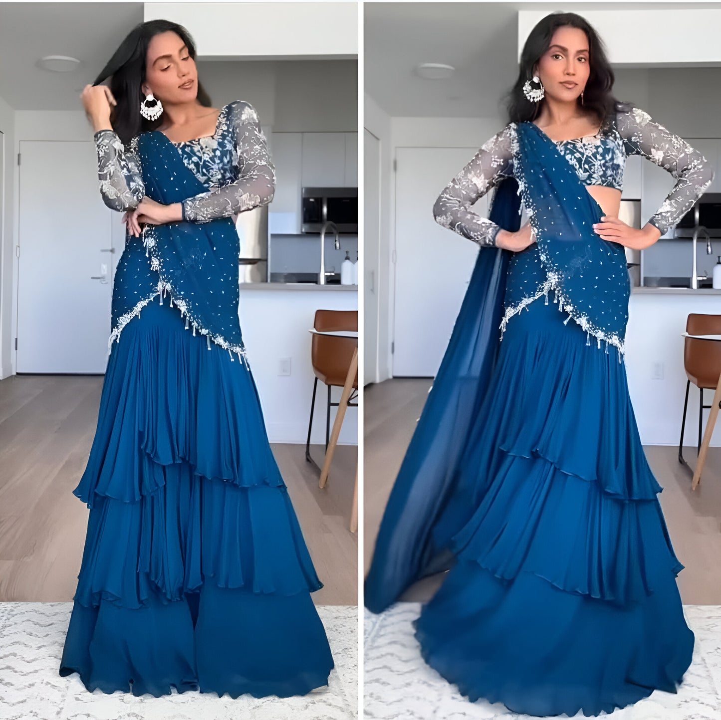 Indowestern Wedding PartyWear Indian Lehenga Saree Ready To Wear With Stitched Blouse Readymade