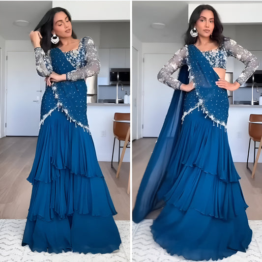 Indowestern Wedding PartyWear Indian Lehenga Saree Ready To Wear With Stitched Blouse Readymade