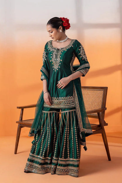 Green Silk Readymade Indian Sharara Suit Set Salwar Kameez Dress