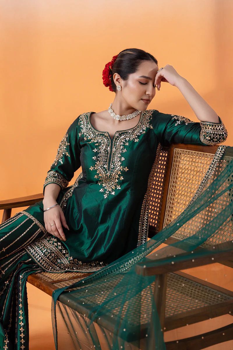 Green Silk Readymade Indian Sharara Suit Set Salwar Kameez Dress