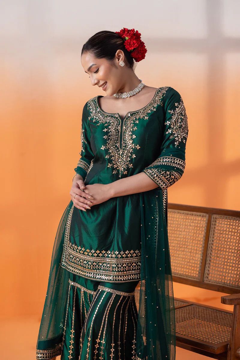 Green Silk Readymade Indian Sharara Suit Set Salwar Kameez Dress
