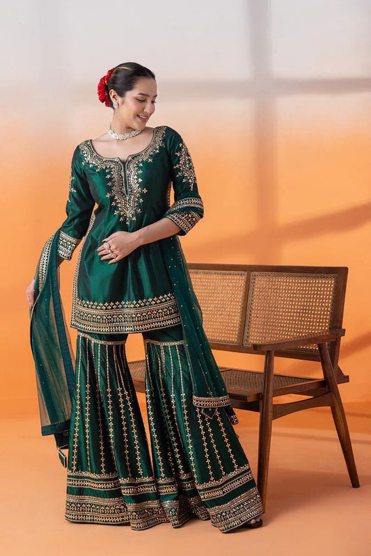 Green Silk Readymade Indian Sharara Suit Set Salwar Kameez Dress
