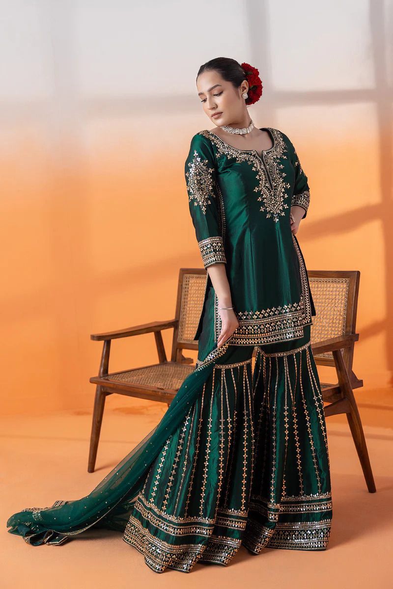 Green Silk Readymade Indian Sharara Suit Set Salwar Kameez Dress