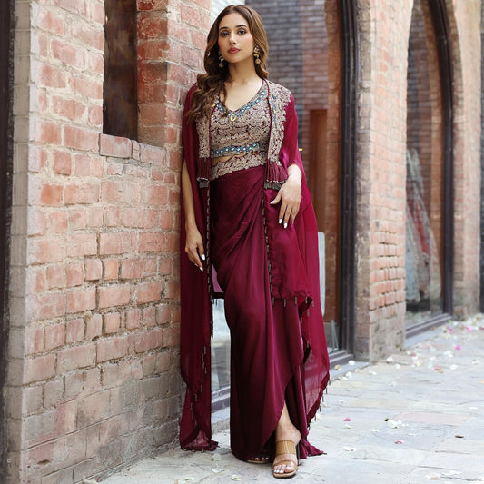 Indowestern Readymade Indian Draped Skirt Cropped Blouse And Shrug For Wedding PartyWear