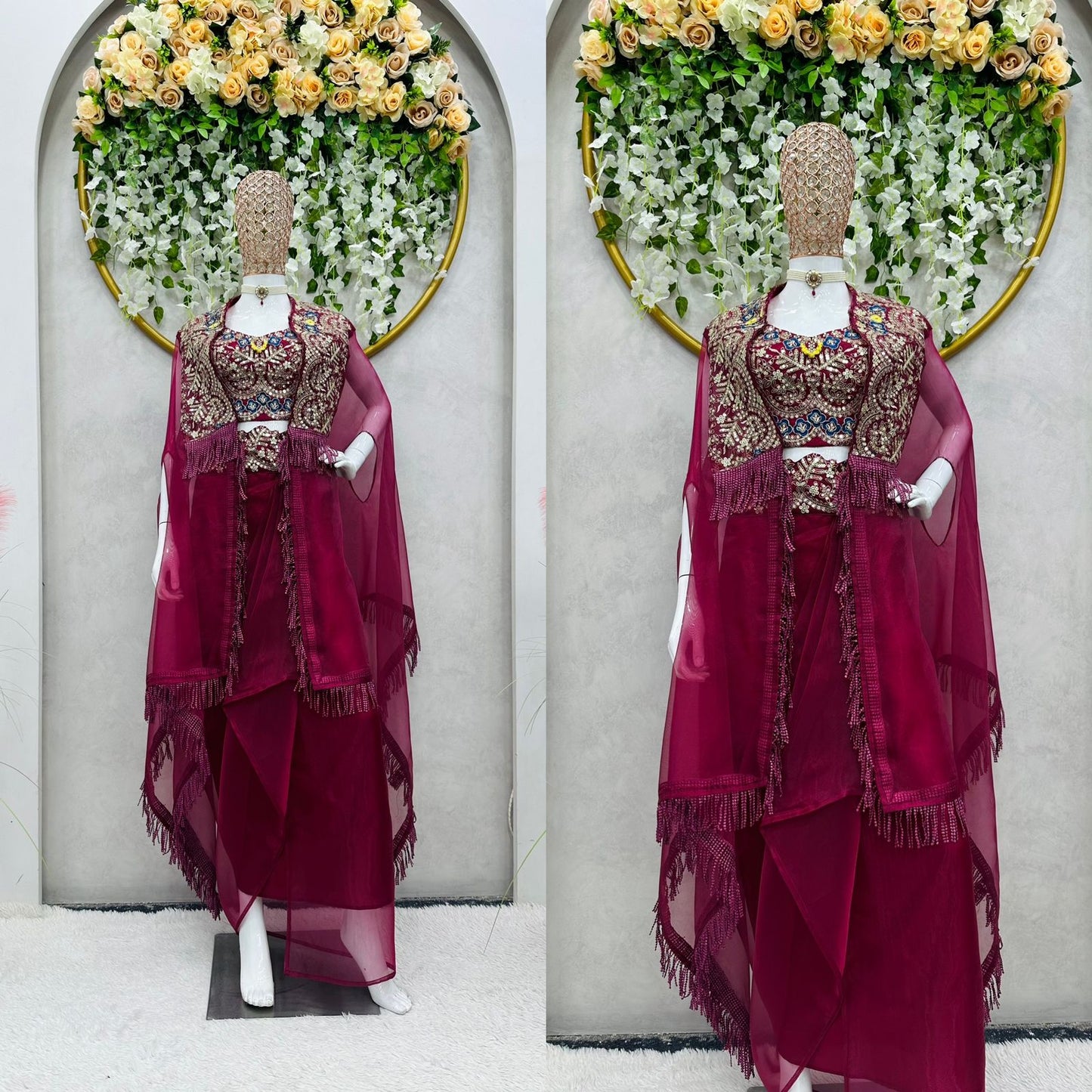 Indowestern Readymade Indian Draped Skirt Cropped Blouse And Shrug For Wedding PartyWear