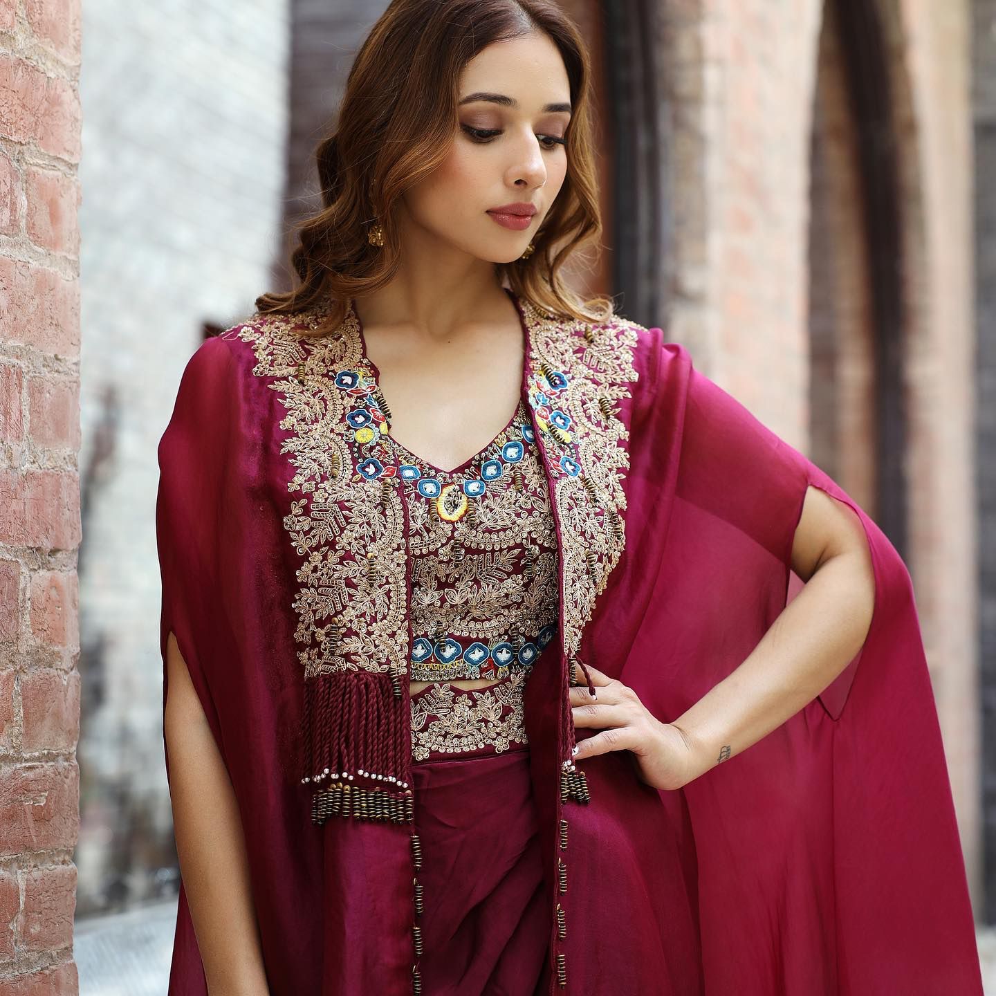 Indowestern Readymade Indian Draped Skirt Cropped Blouse And Shrug For Wedding PartyWear