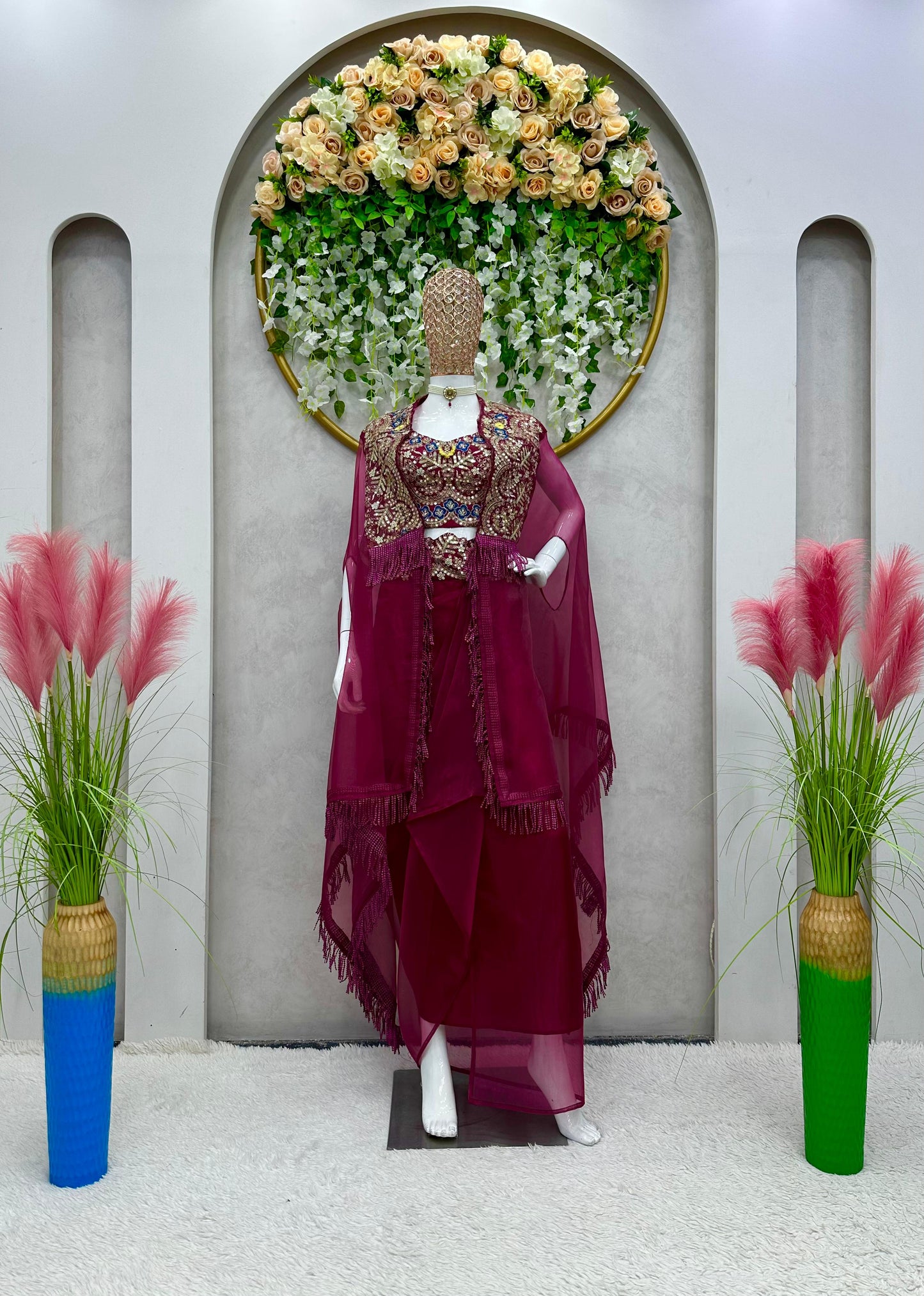 Indowestern Readymade Indian Draped Skirt Cropped Blouse And Shrug For Wedding PartyWear