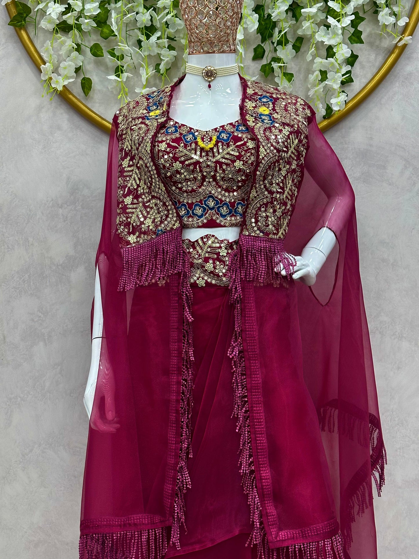 Indowestern Readymade Indian Draped Skirt Cropped Blouse And Shrug For Wedding PartyWear