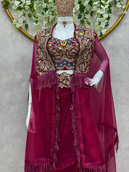 Indowestern Readymade Indian Draped Skirt Cropped Blouse And Shrug For Wedding PartyWear