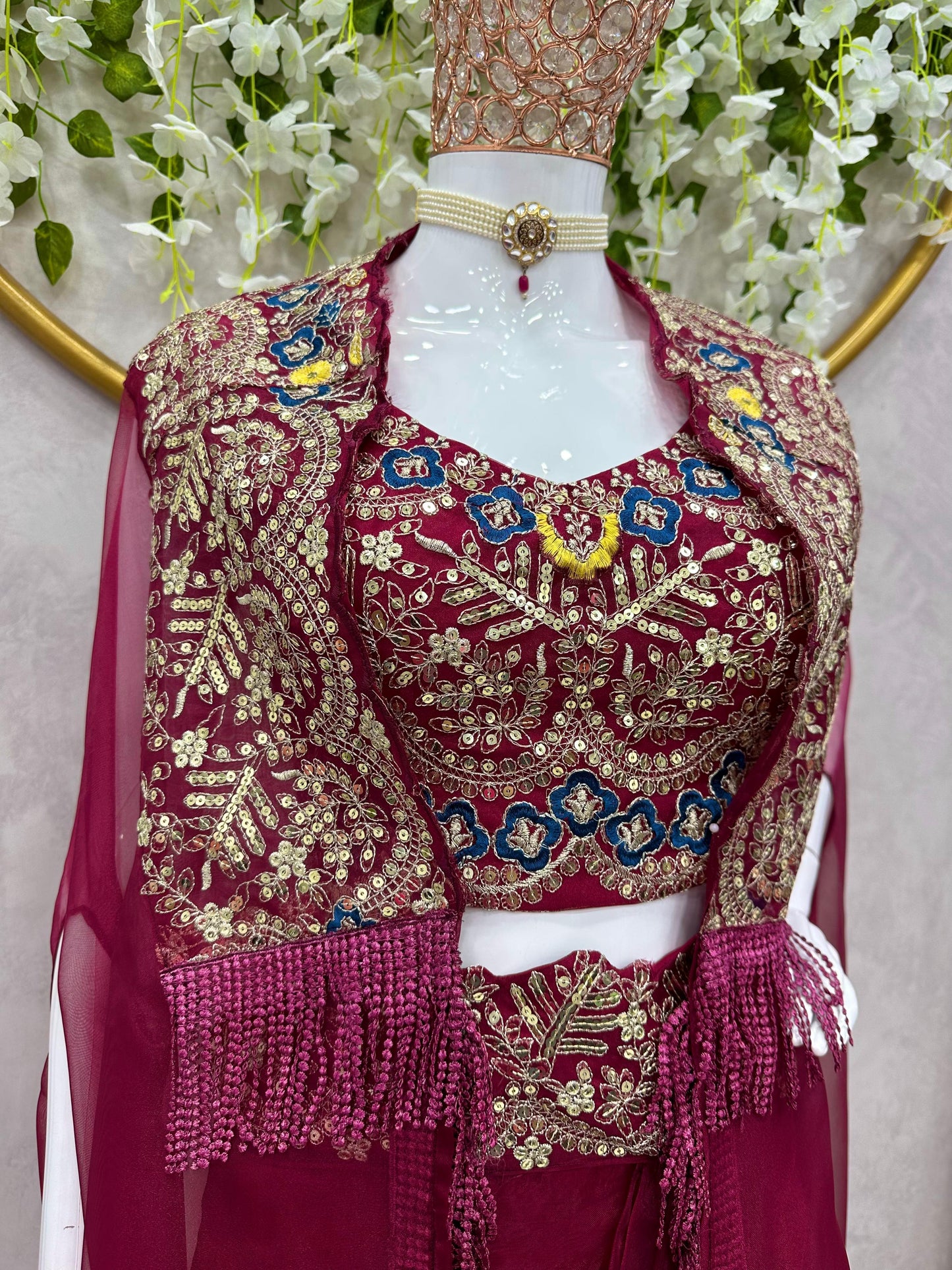 Indowestern Readymade Indian Draped Skirt Cropped Blouse And Shrug For Wedding PartyWear