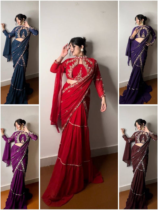 Indian Wedding Party Lehenga Saree Ready To Wear With Stitched Blouse Readymade