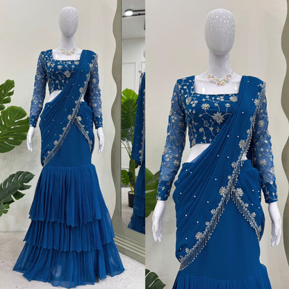Indowestern Wedding PartyWear Indian Lehenga Saree Ready To Wear With Stitched Blouse Readymade