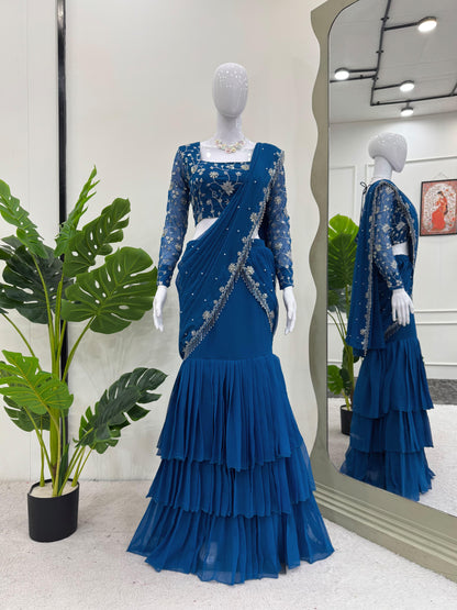 Indowestern Wedding PartyWear Indian Lehenga Saree Ready To Wear With Stitched Blouse Readymade