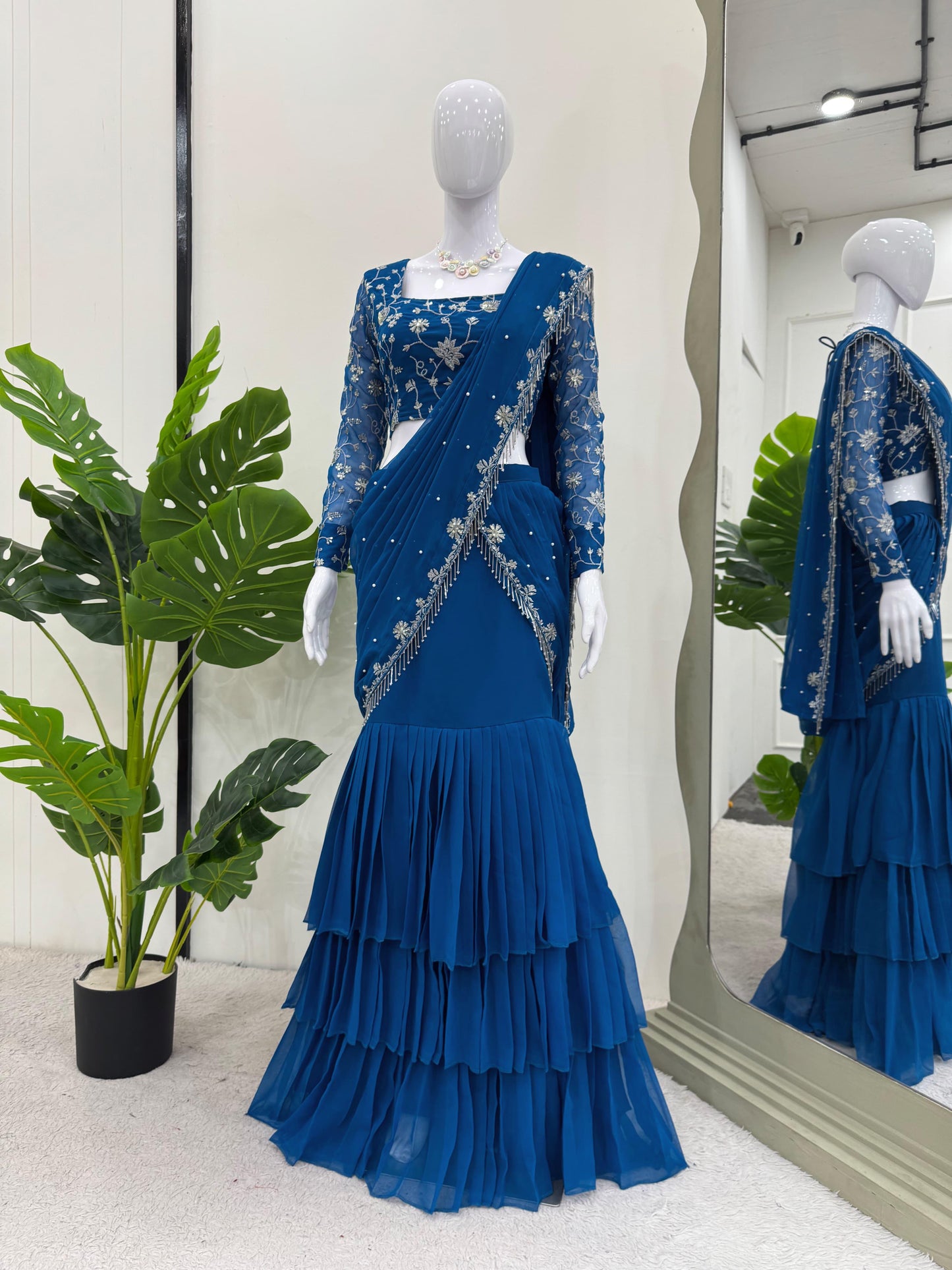 Indowestern Wedding PartyWear Indian Lehenga Saree Ready To Wear With Stitched Blouse Readymade