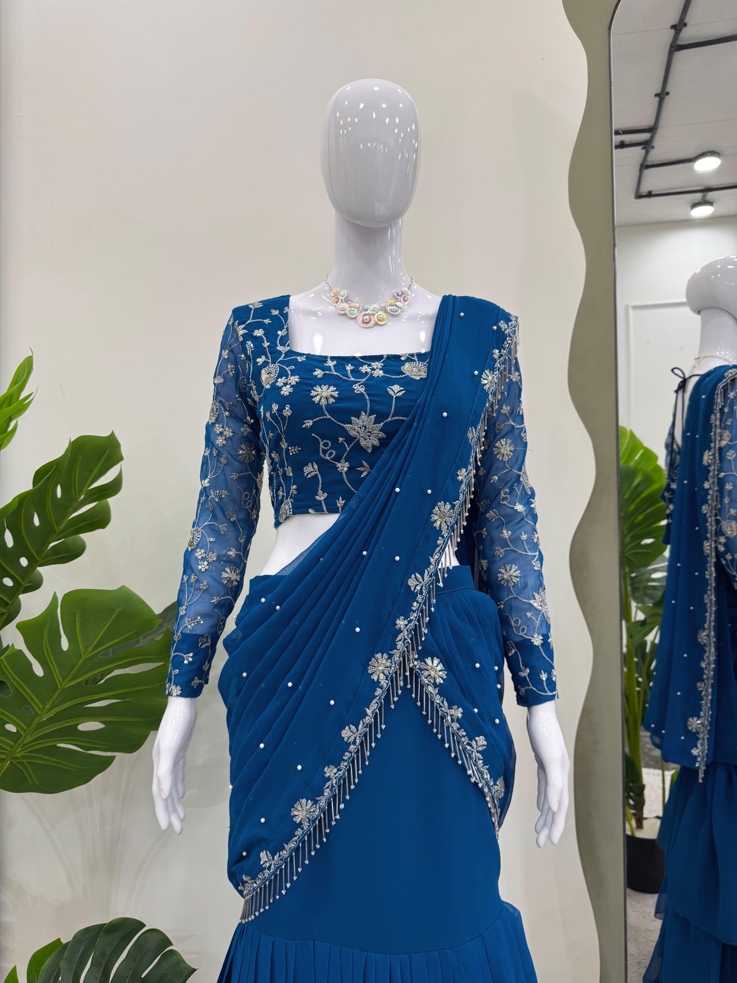 Indowestern Wedding PartyWear Indian Lehenga Saree Ready To Wear With Stitched Blouse Readymade