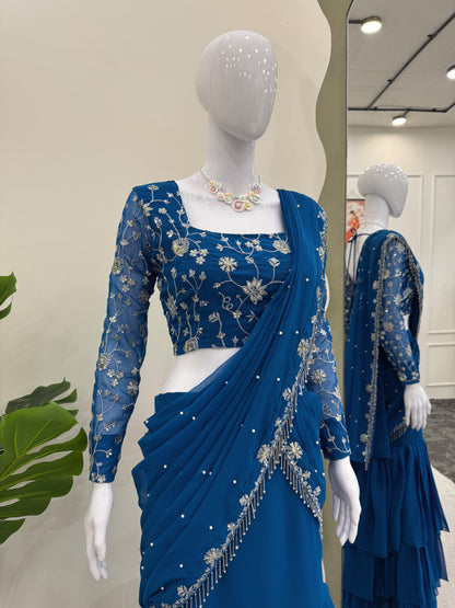 Indowestern Wedding PartyWear Indian Lehenga Saree Ready To Wear With Stitched Blouse Readymade
