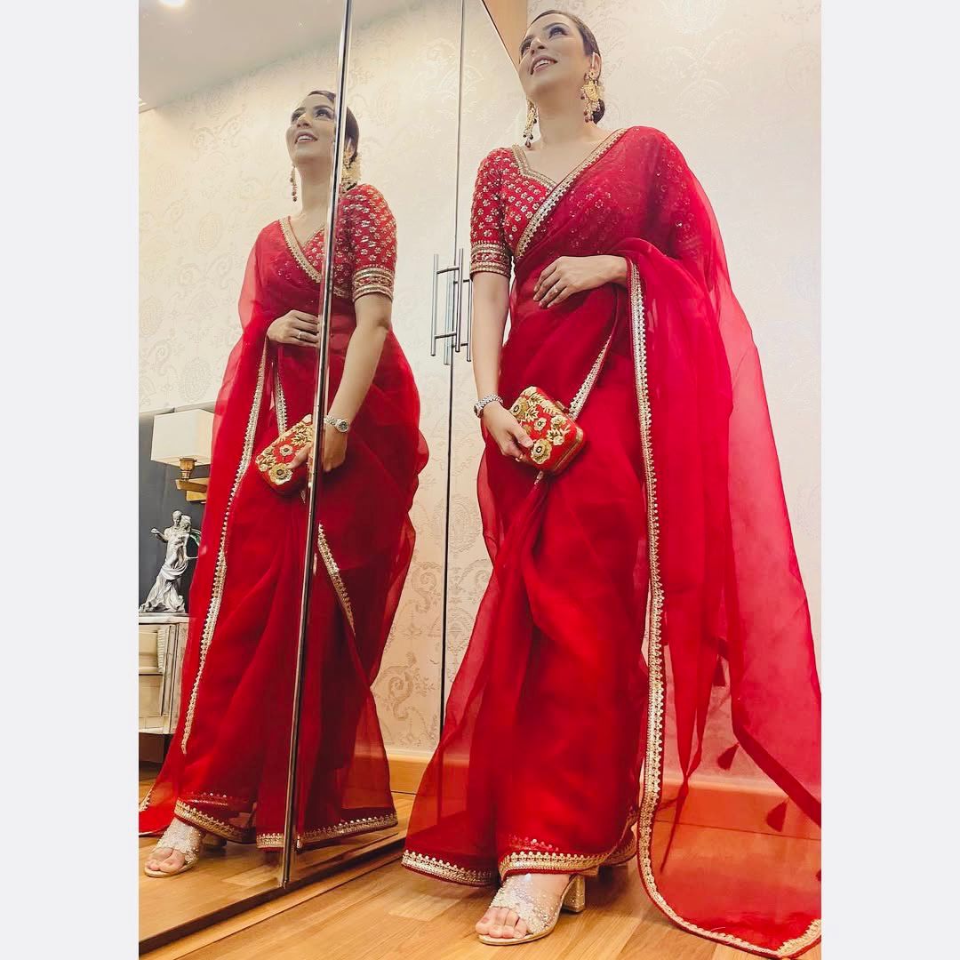 Red Designer Wedding saree with stitched blouse Partywear Ready To Wear Saree