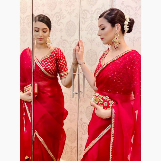 Red Designer Wedding saree with stitched blouse Partywear Ready To Wear Saree