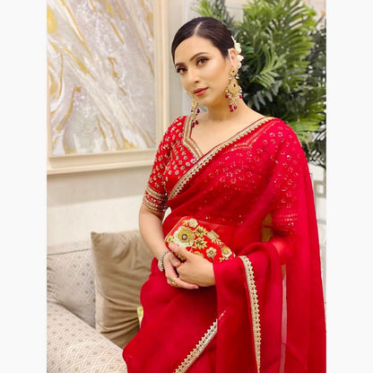 Red Designer Wedding saree with stitched blouse Partywear Ready To Wear Saree