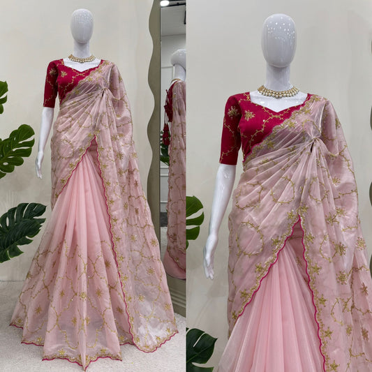 Wedding wear Indian saree with stitched blouse Ready To Wear