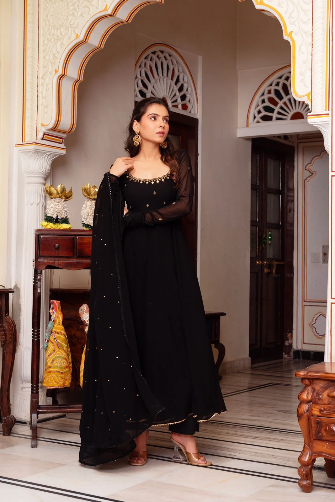 Black anarkali Full Flair Readymade Indian salwar kameez dress