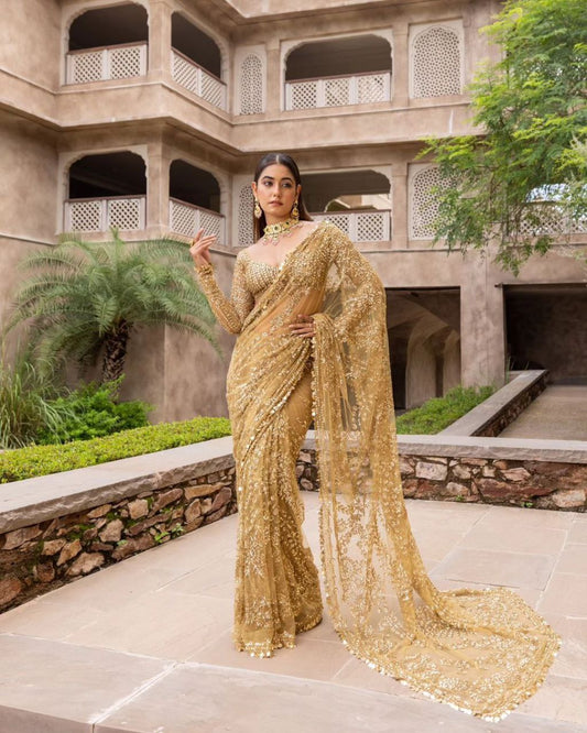 Heavy premium net wedding partywear saree with stitched blouse Readymade Indian sarees