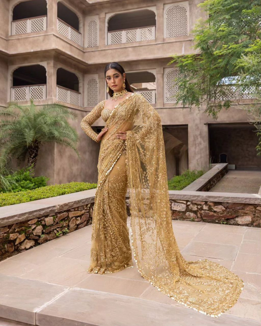 Heavy premium net wedding partywear saree with stitched blouse Readymade Indian sarees