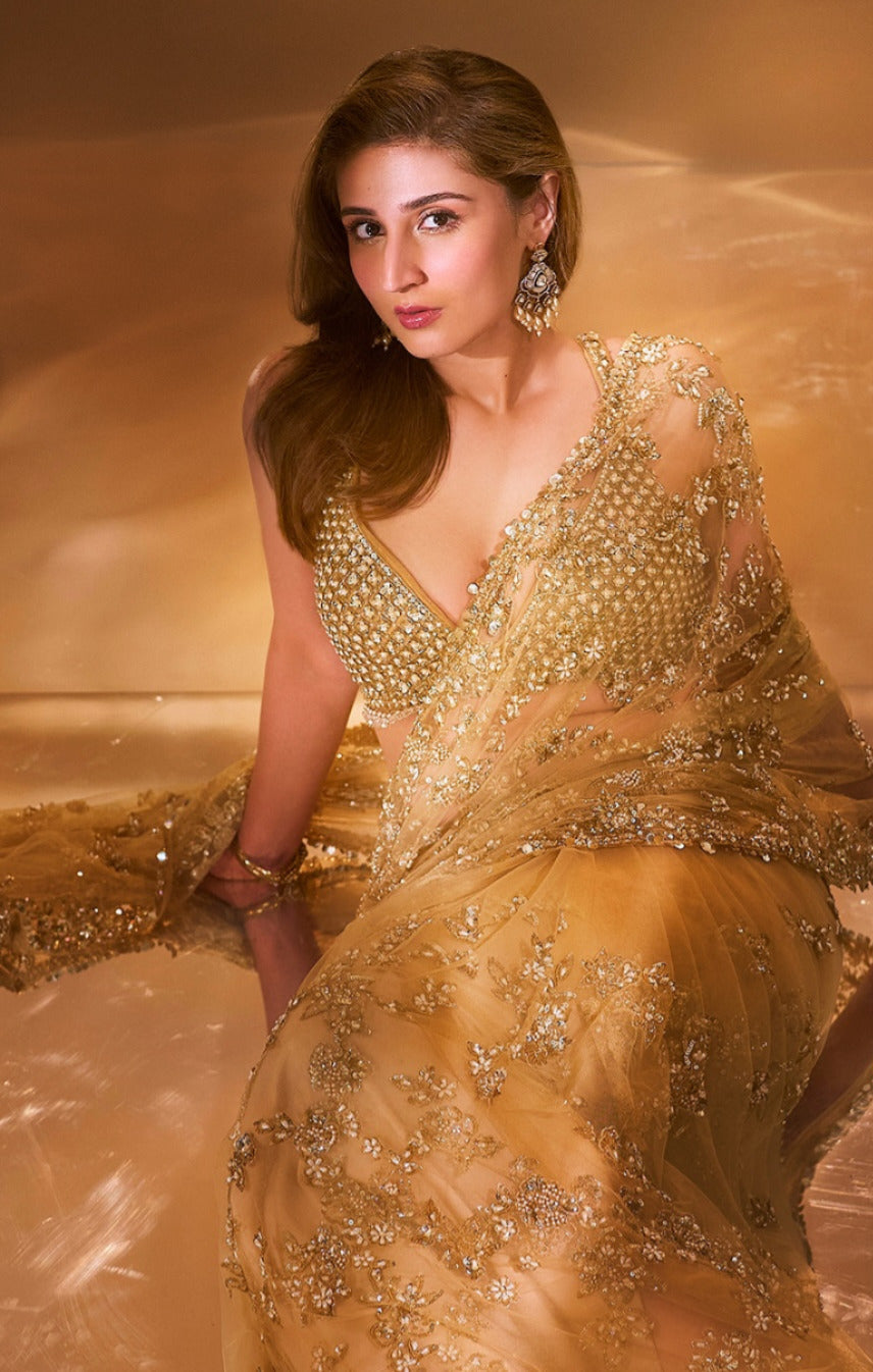 Heavy premium net wedding partywear saree with stitched blouse Readymade Indian sarees