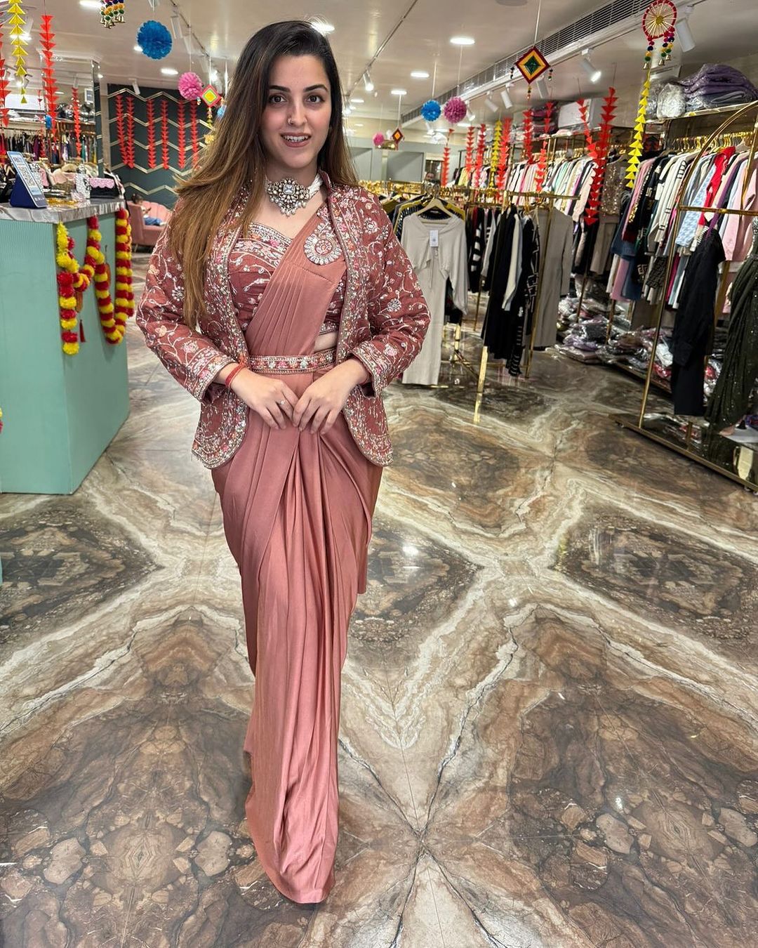 Indowestern Readymade Designer Partywear sarees with koti stitched blouse New Ready To Wear Saree