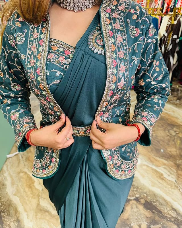 Indowestern Readymade Designer Partywear sarees with koti stitched blouse New Ready To Wear Saree