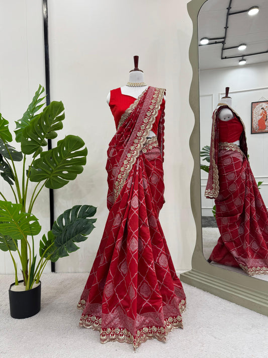 Red silk wedding saree Designer Partywear stitched Indian saree