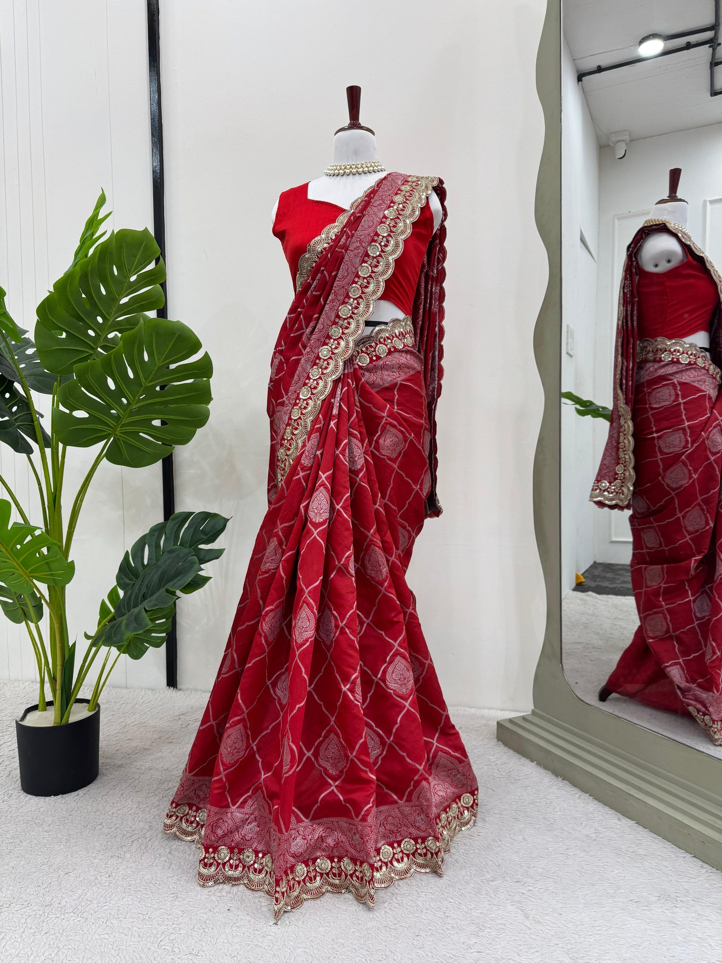 Red silk wedding saree Designer Partywear stitched Indian saree
