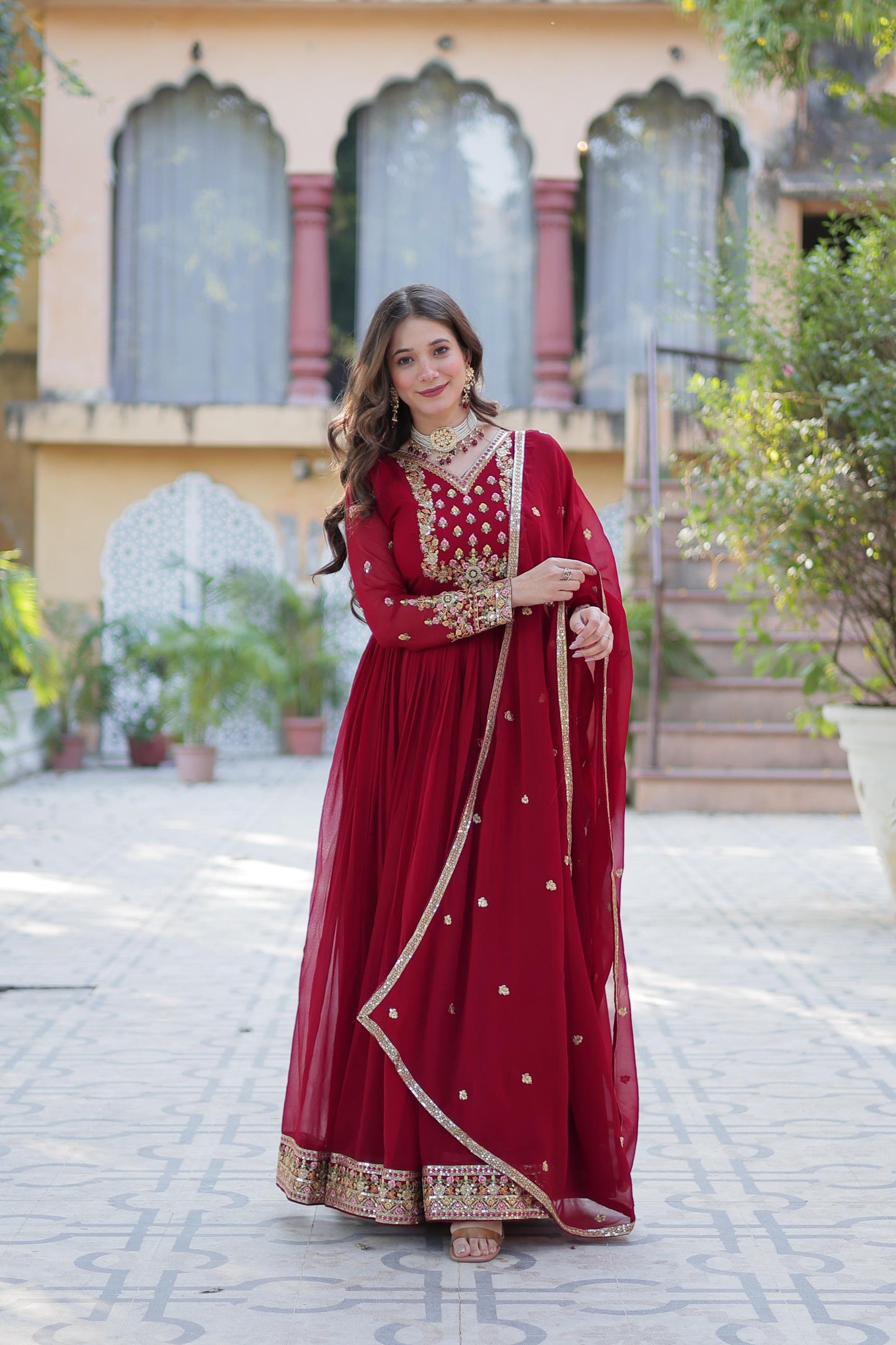 Red pink anarkali Full Flair Readymade Gown dress Indian wedding dress