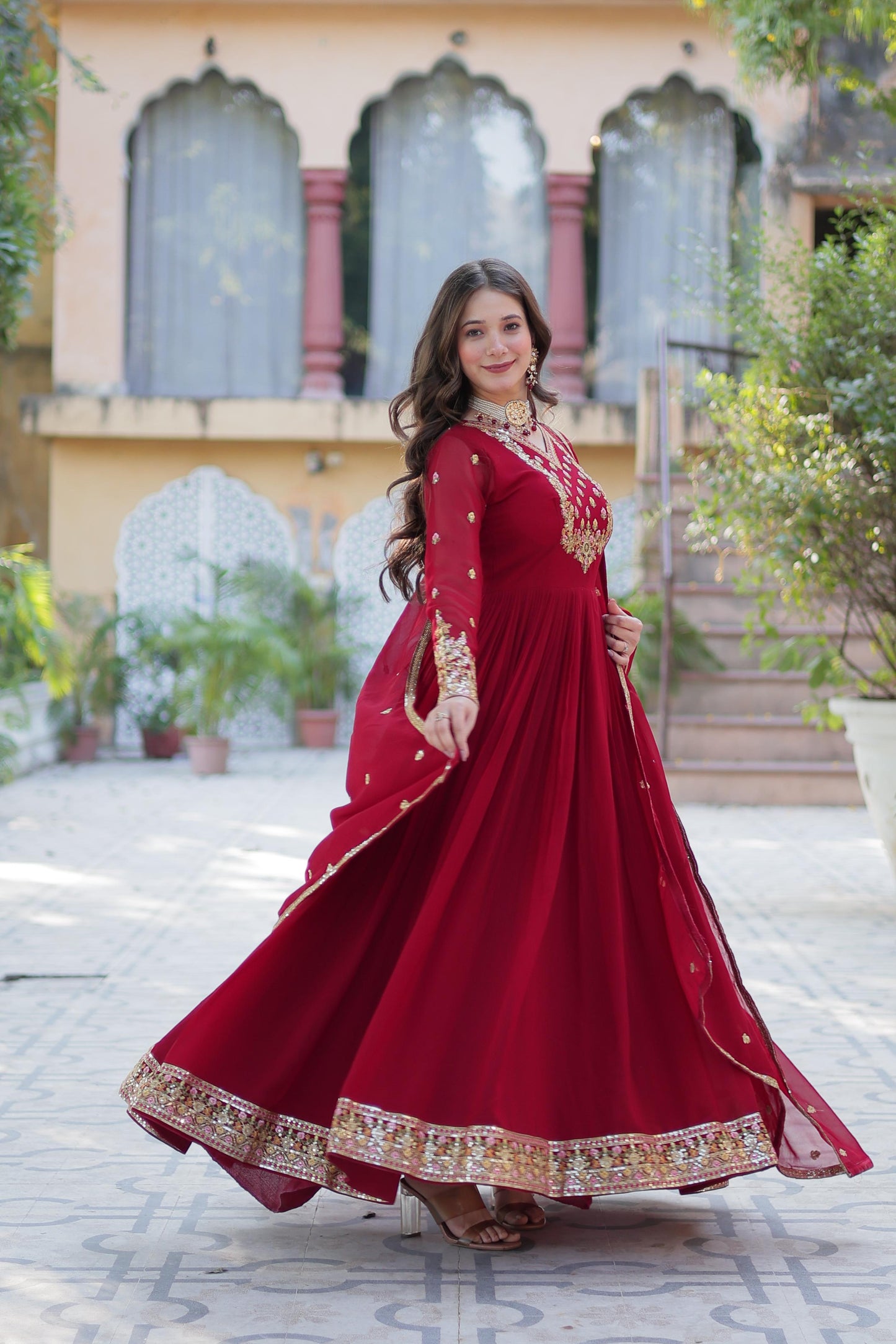 Red pink anarkali Full Flair Readymade Gown dress Indian wedding dress