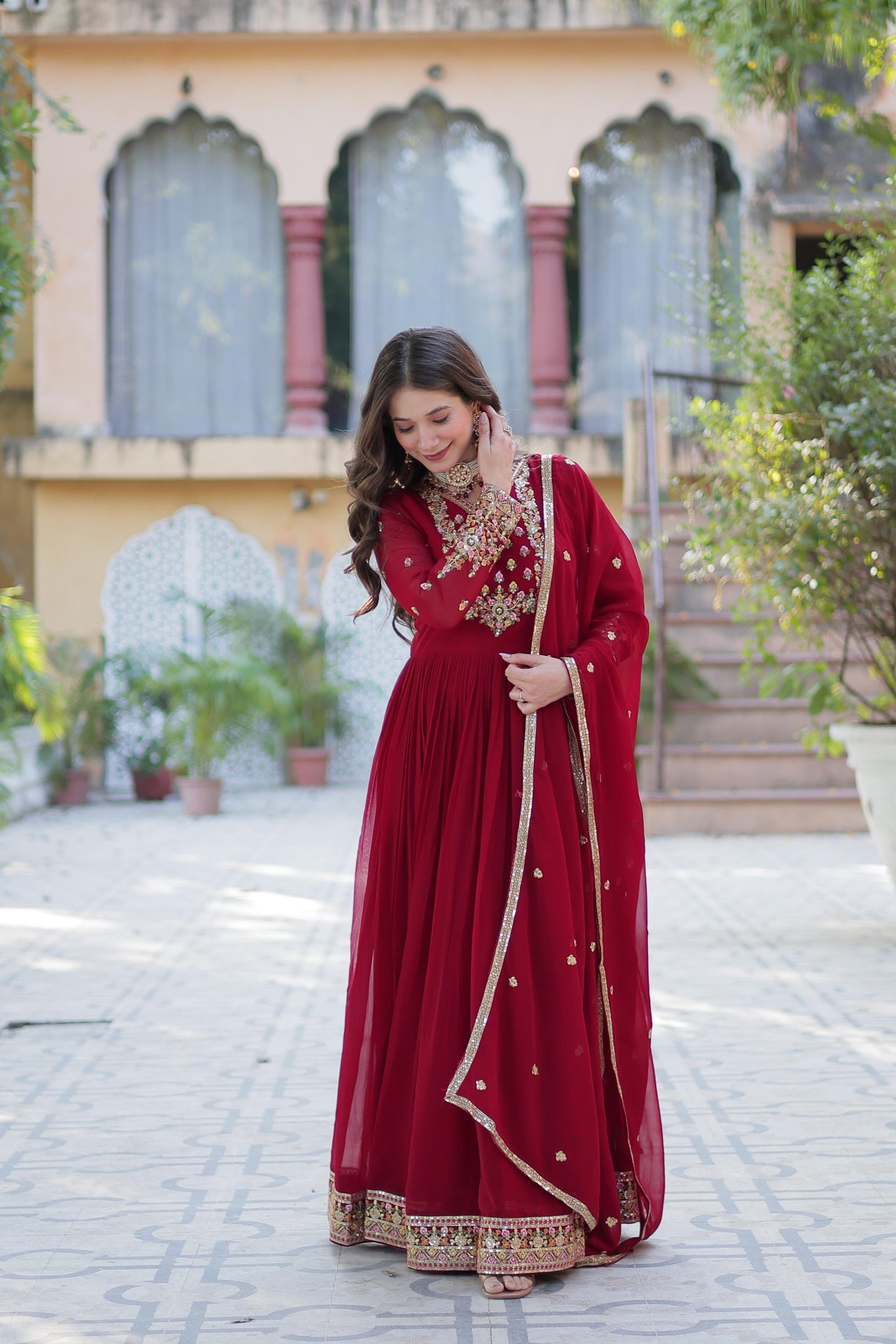 Red pink anarkali Full Flair Readymade Gown dress Indian wedding dress