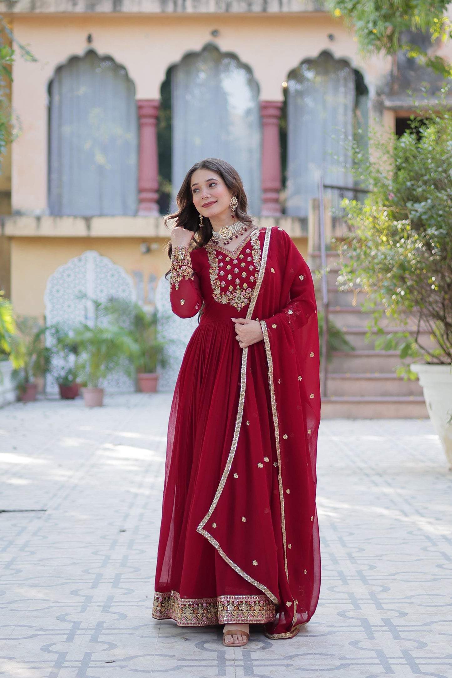Red pink anarkali Full Flair Readymade Gown dress Indian wedding dress