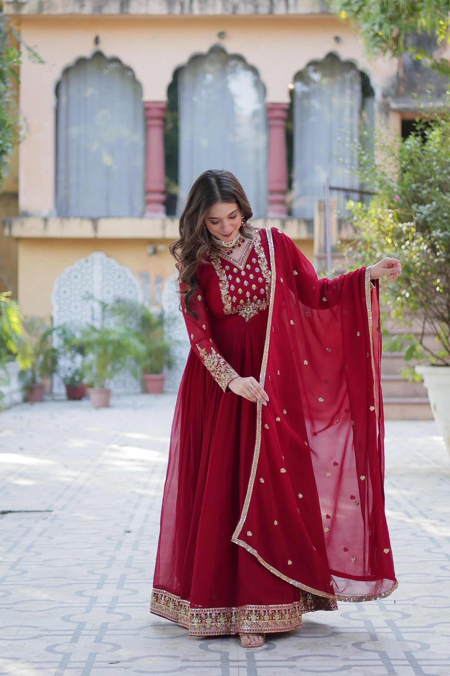 Red pink anarkali Full Flair Readymade Gown dress Indian wedding dress