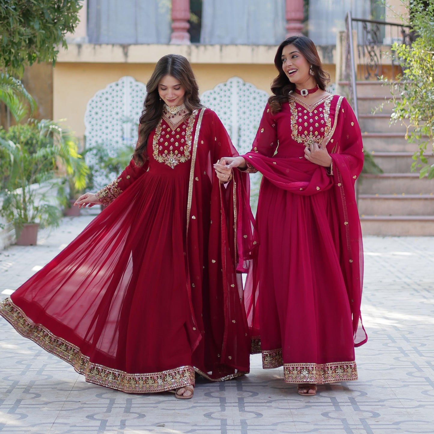 Red pink anarkali Full Flair Readymade Gown dress Indian wedding dress