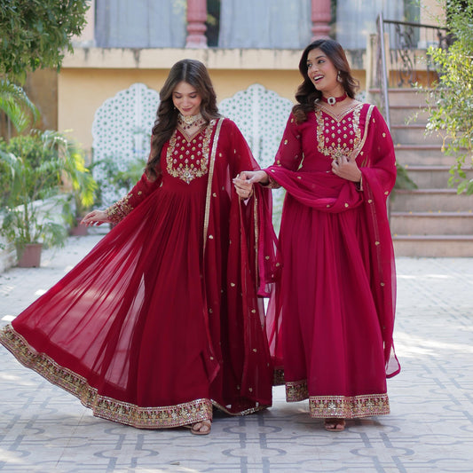 Red pink anarkali Full Flair Readymade Gown dress Indian wedding dress