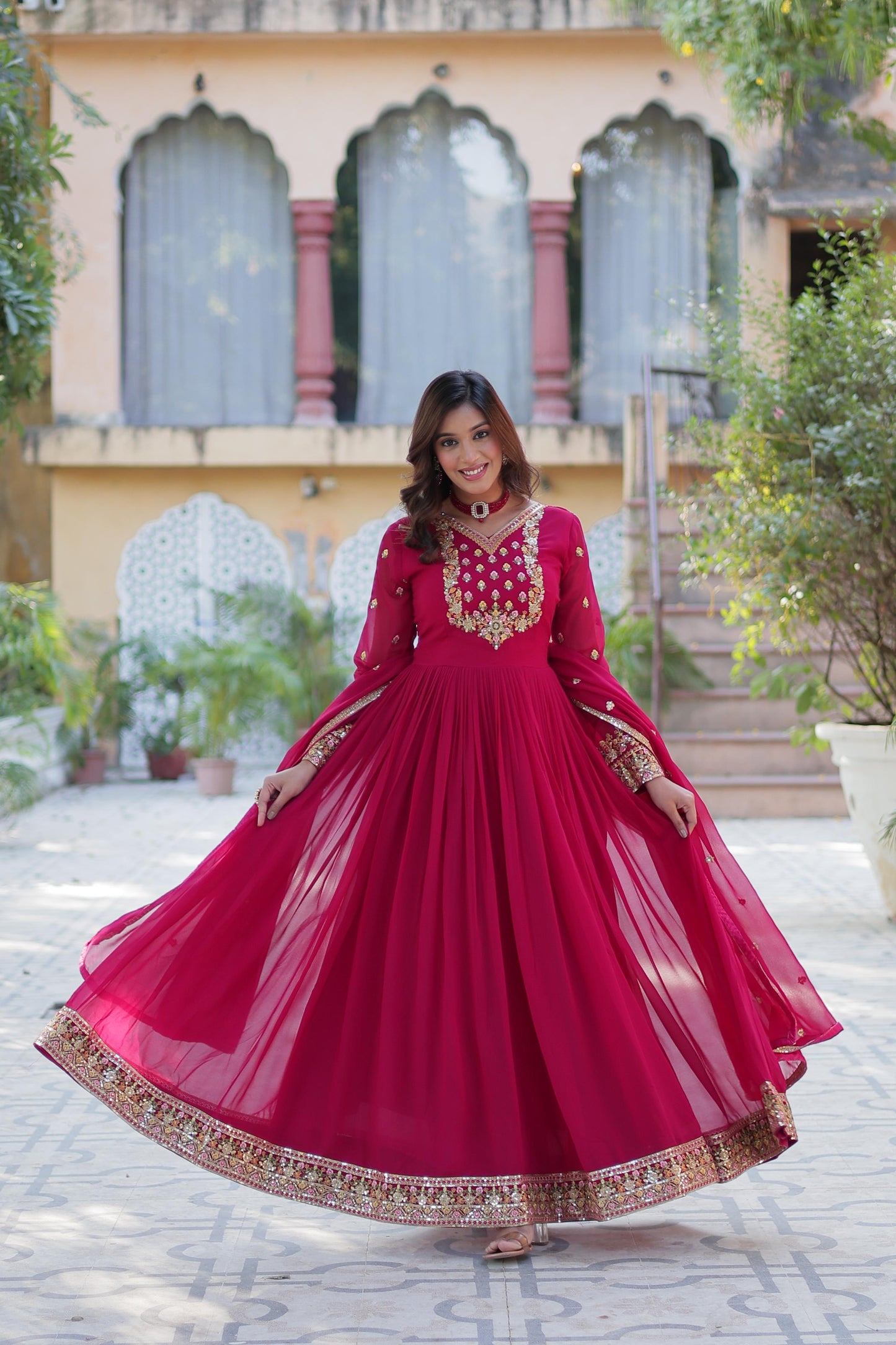 Red pink anarkali Full Flair Readymade Gown dress Indian wedding dress
