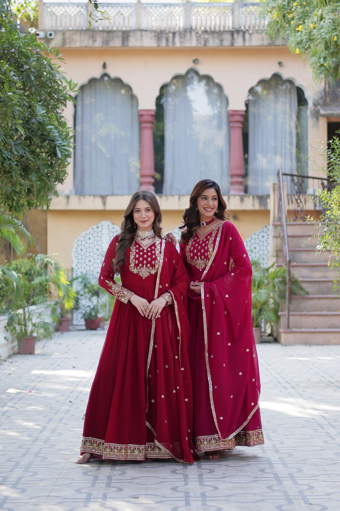 Red pink anarkali Full Flair Readymade Gown dress Indian wedding dress