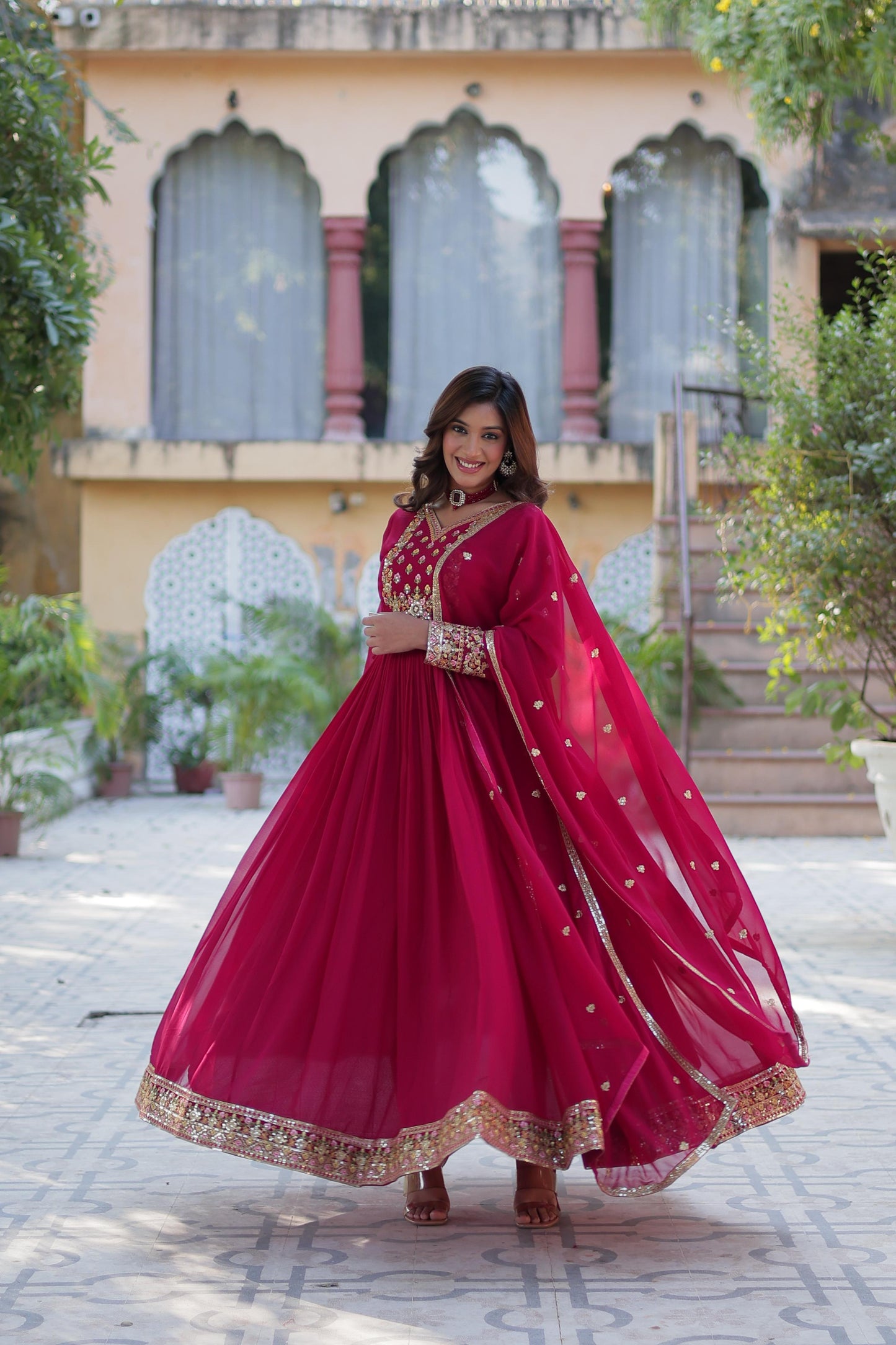 Red pink anarkali Full Flair Readymade Gown dress Indian wedding dress