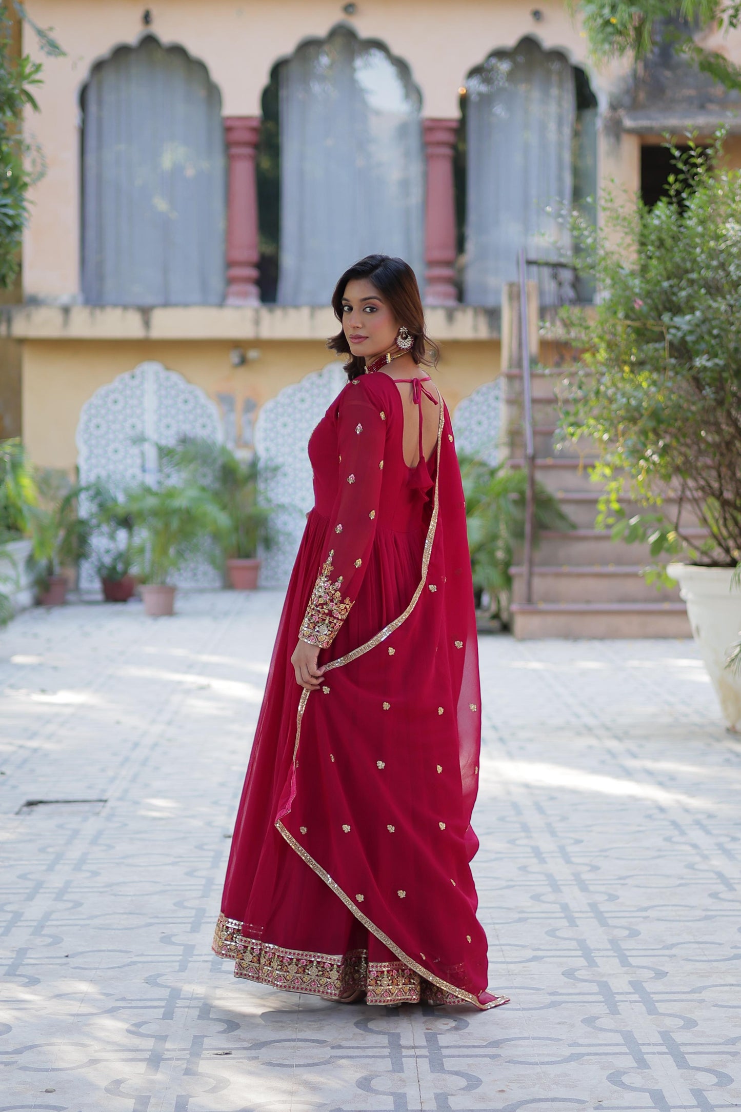 Red pink anarkali Full Flair Readymade Gown dress Indian wedding dress