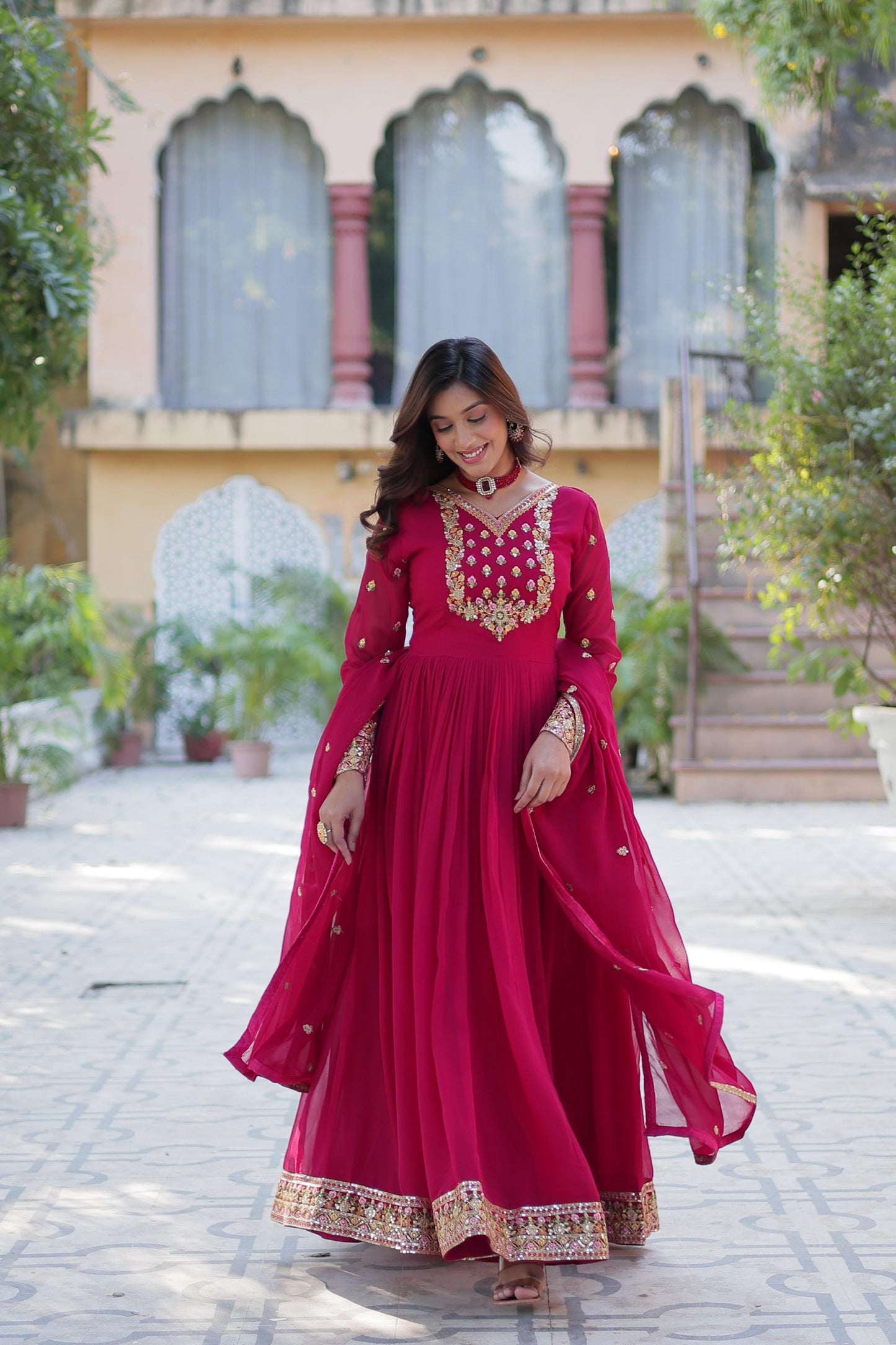 Red pink anarkali Full Flair Readymade Gown dress Indian wedding dress