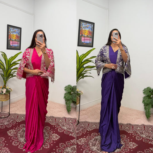 Indowestern Designer wedding partywear saree with stitched blouse and koti
