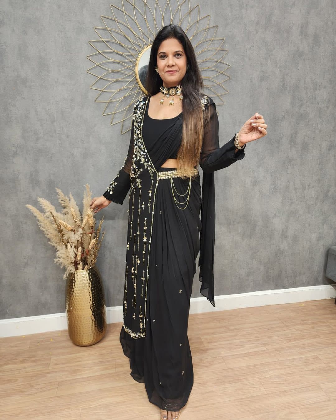 Black Indowestern lehenga saree for wedding Readymade Indian saree